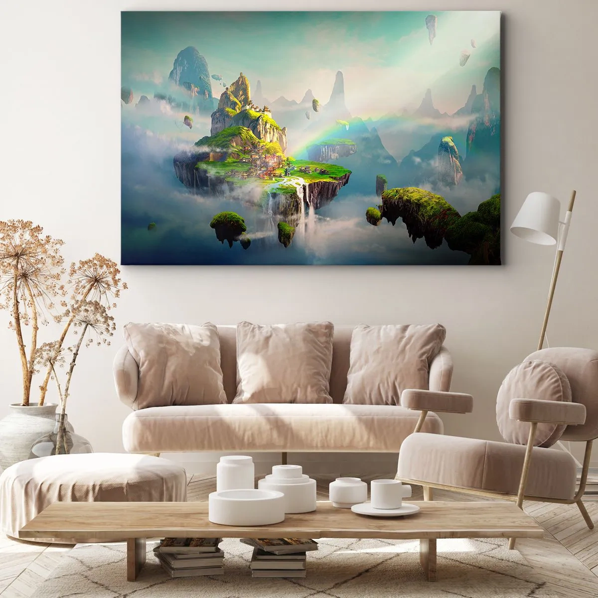 Obraz na plátne - Lietajúce ostrovy medzi oblakmi s dúhou na obzore - 70x50cm - Uprostred neba - šťastné ostrovy - Moderná nástenná dekorácia do obývacej izby a spálne ARTTOR