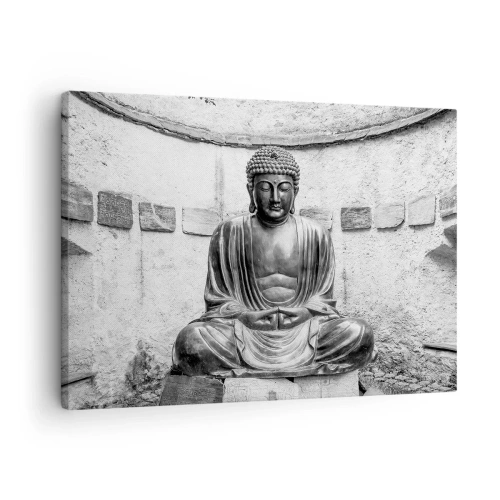 Obraz na plátne - Čiernobiela socha Budhu v meditačnej póze - 70x50cm - Pri zdroji pokoja - Moderná nástenná dekorácia do obývacej izby a spálne ARTTOR