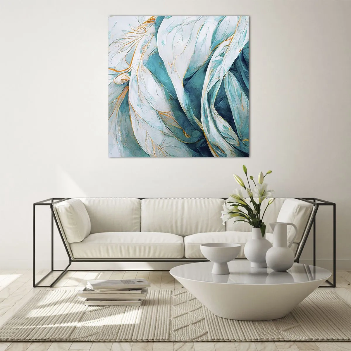 Obraz na skle - Modrá abstrakcia so zlatým motívom - 70x70 cm