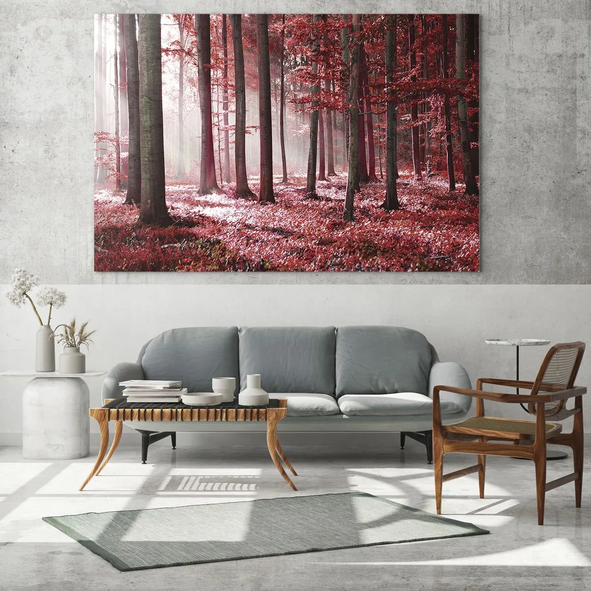 Obraz na skle - Jesenný les v červených farbách a ranná hmla - 70x50cm - Červená je rovnako krásna - Moderná nástenná dekorácia do obývacej izby a spálne ARTTOR