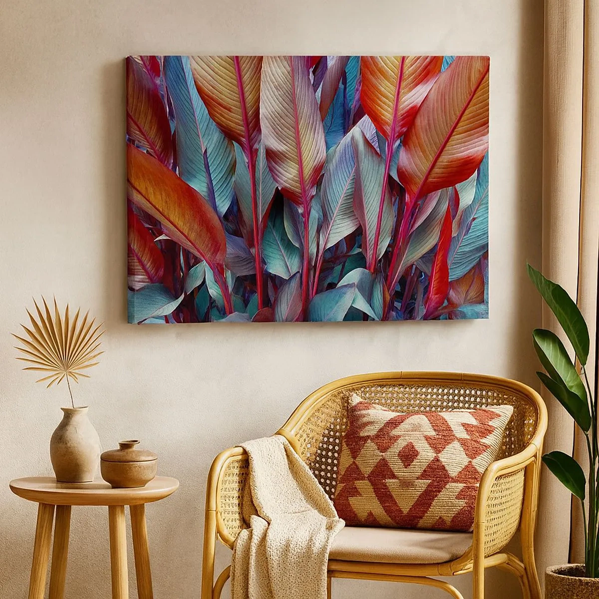 Obraz na plátne - Farebné listy tropických rastlín v húštine - 70x50cm - Farebná húština - Moderná nástenná dekorácia do obývacej izby a spálne ARTTOR