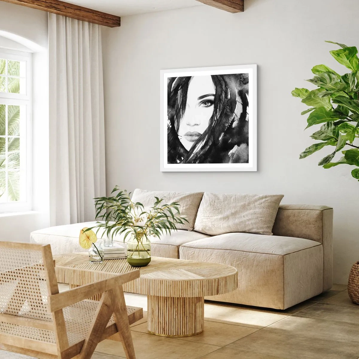 Plagát v bielom ráme - Portrét dámy v čiernej a bielej - 50x50 cm