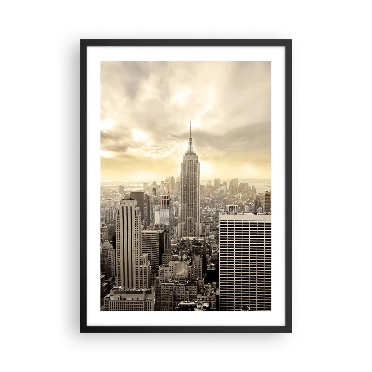 Plagát v čiernom ráme - Panoráma New Yorku s Empire State Building - 50x70cm - New York utkaný zo šedej - Moderná nástenná dekorácia do obývacej izby a spálne ARTTOR