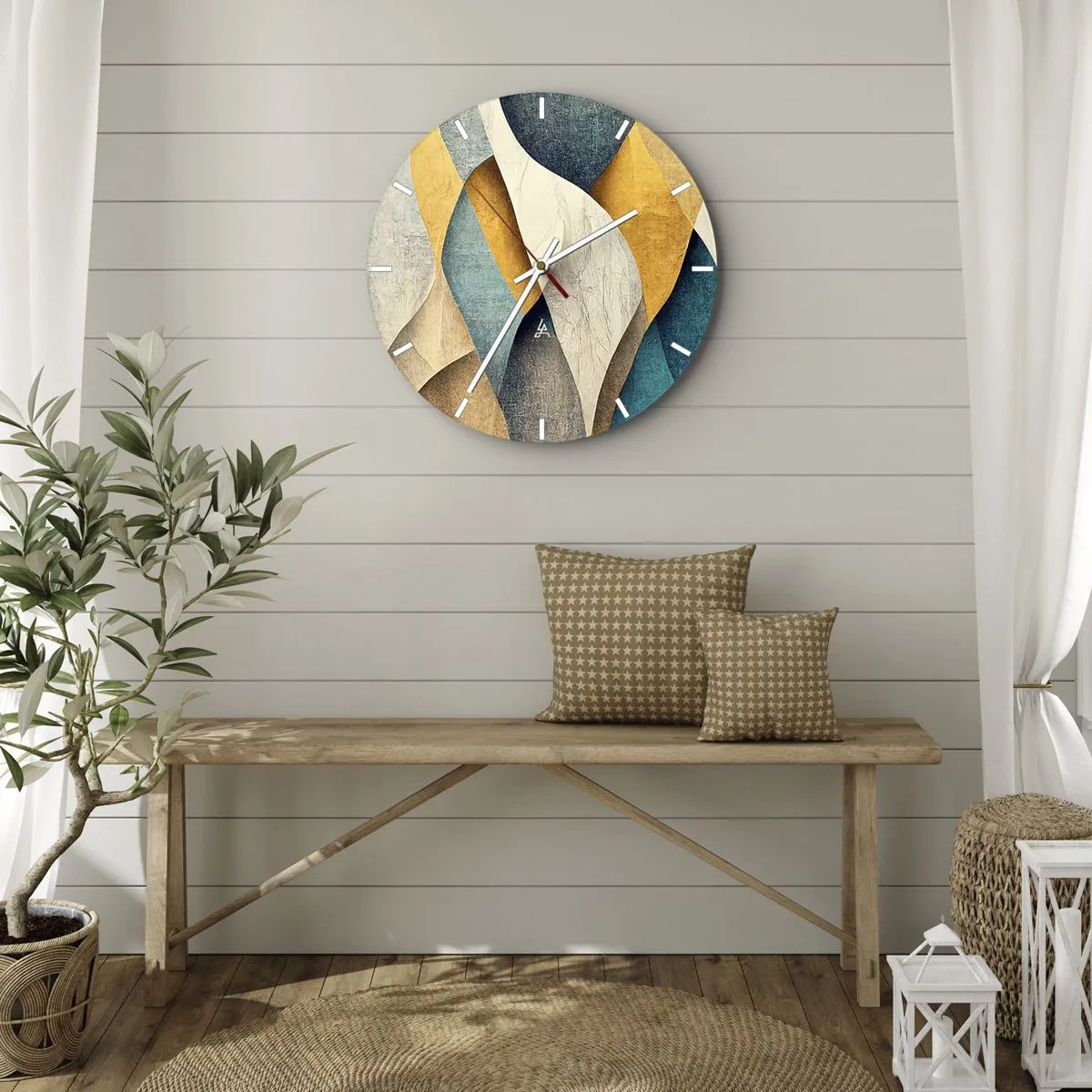 Nástenné hodiny - Geometrické vlny v zlatej, tmavomodrej, tyrkysovej a béžovej farbe - 30x30cm - Rytmus a vlnenie - Moderná nástenná dekorácia do obývacej izby, kuchyne a spálne ARTTOR