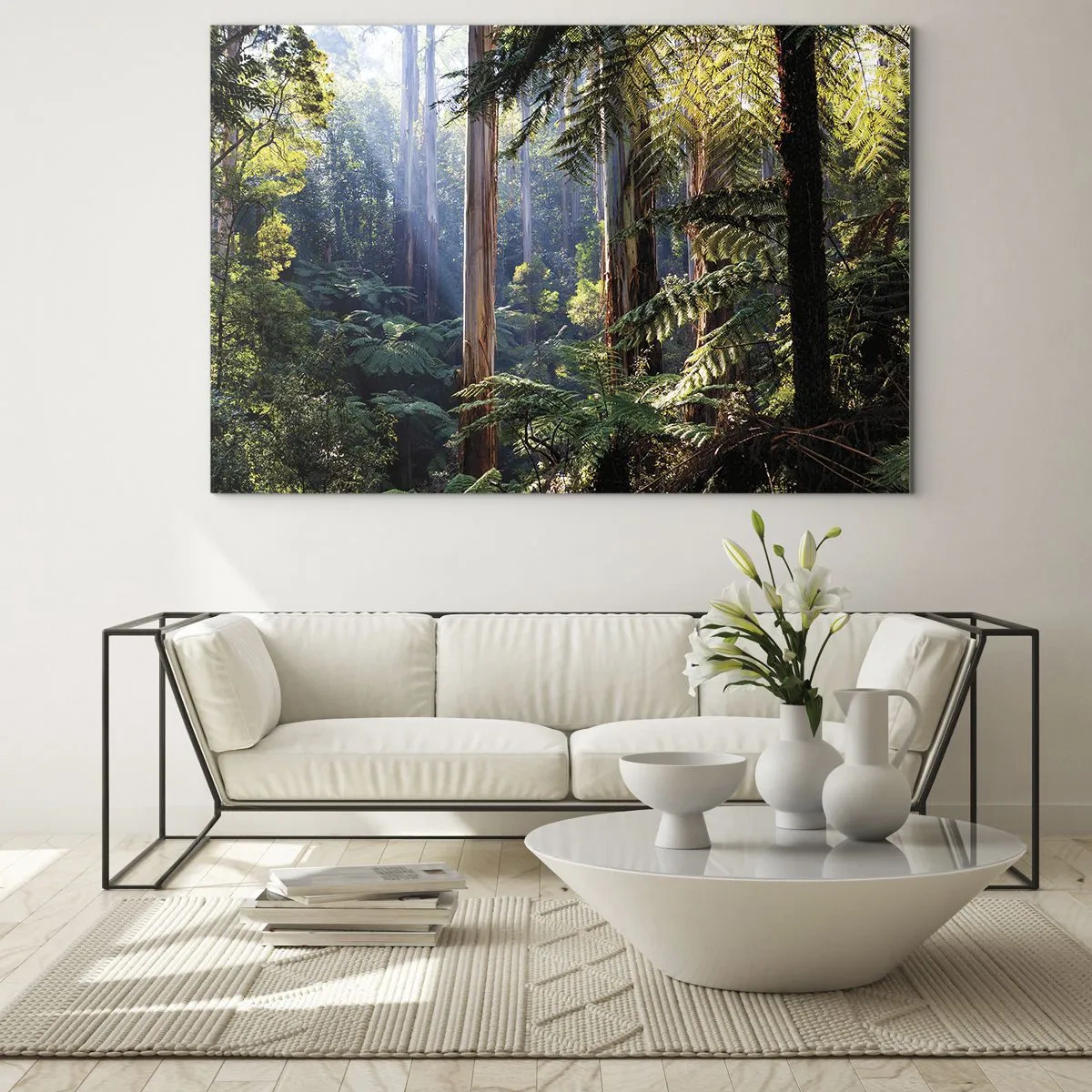 Obraz na skle - Zelený tropický les so slnečnými lúčmi - 70x50cm - Poviedka lesa - Moderná nástenná dekorácia do obývacej izby a spálne ARTTOR