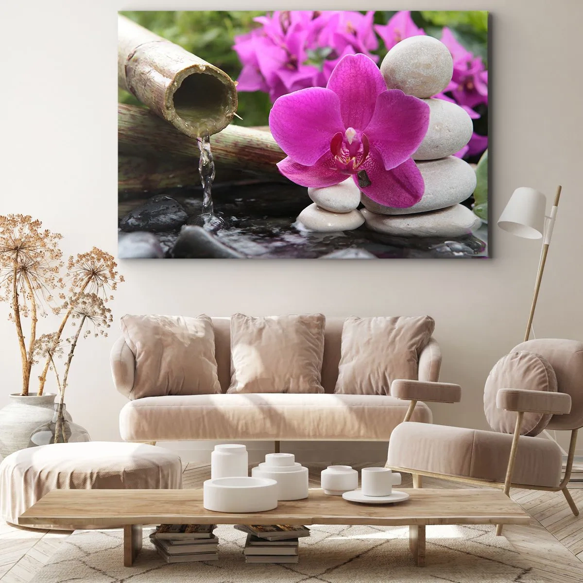 Obraz na plátne - Fialová orchidea, kamene a bambus s vodou v relaxačnom prostredí - 70x50cm - Už odpočívaš - Moderná nástenná dekorácia do obývacej izby a spálne ARTTOR