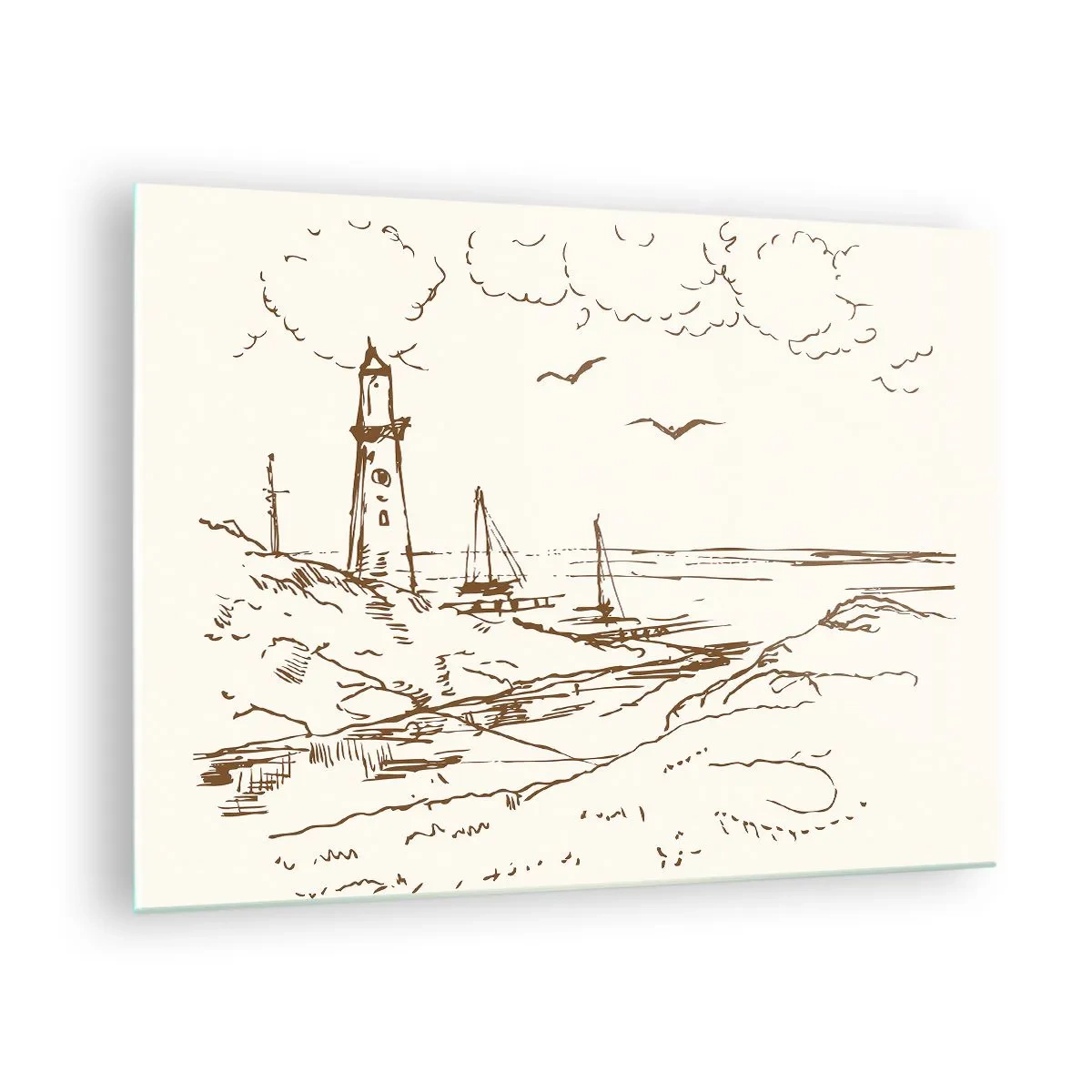 Obraz na skle - Náčrt majáka v prímorskej krajine - 70x50cm - Náčrt letných spomienok - Moderná nástenná dekorácia do obývacej izby a spálne ARTTOR