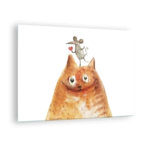 Obraz na skle - Mačka s myšou na hlave v humornom štýle - 70x50cm - Paradoxy lásky - Moderná nástenná dekorácia do obývacej izby a spálne ARTTOR