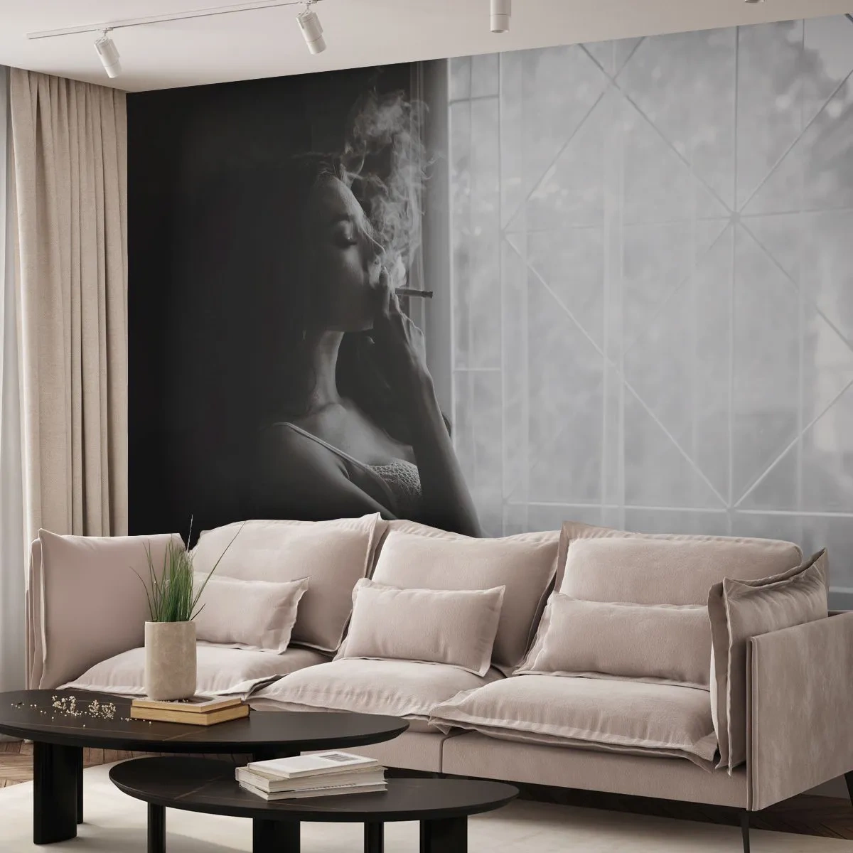 Fototapeta Premium Canvas - Zmyselný okamih - Žena, Cigareta, Spálňa - 250x175 cm