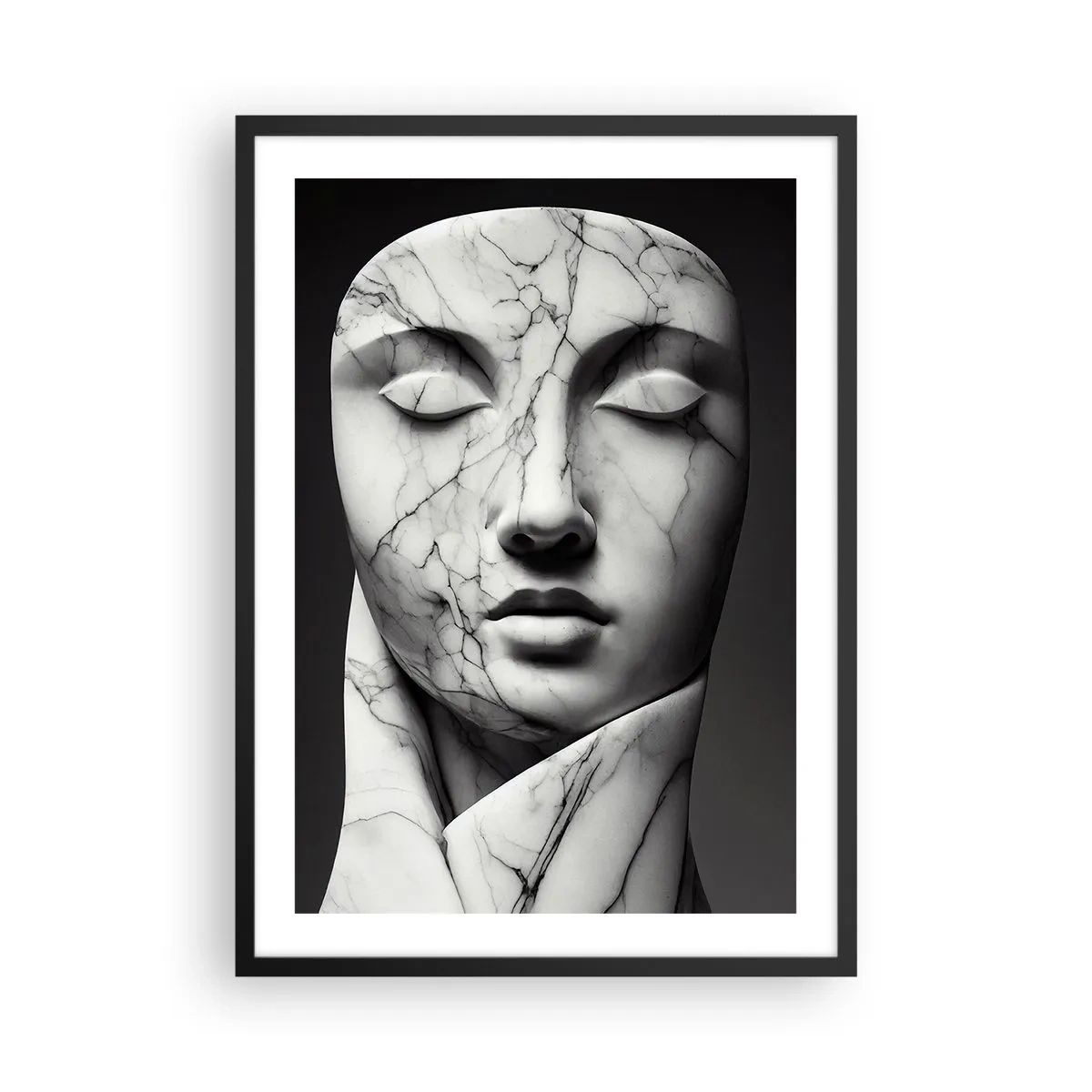 Plagát v čiernom ráme - Mramorová socha tváre so zatvorenými očami na čiernom pozadí - 50x70cm - Mramorové tvary - Moderná nástenná dekorácia do obývacej izby a spálne ARTTOR