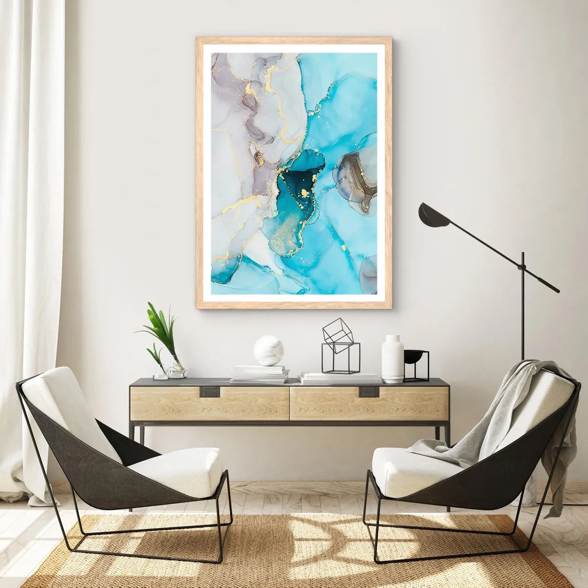Plagát v ráme zo svetlého duba - Štúdia o stretnutí šedej a tyrkysovej - 70x100 cm
