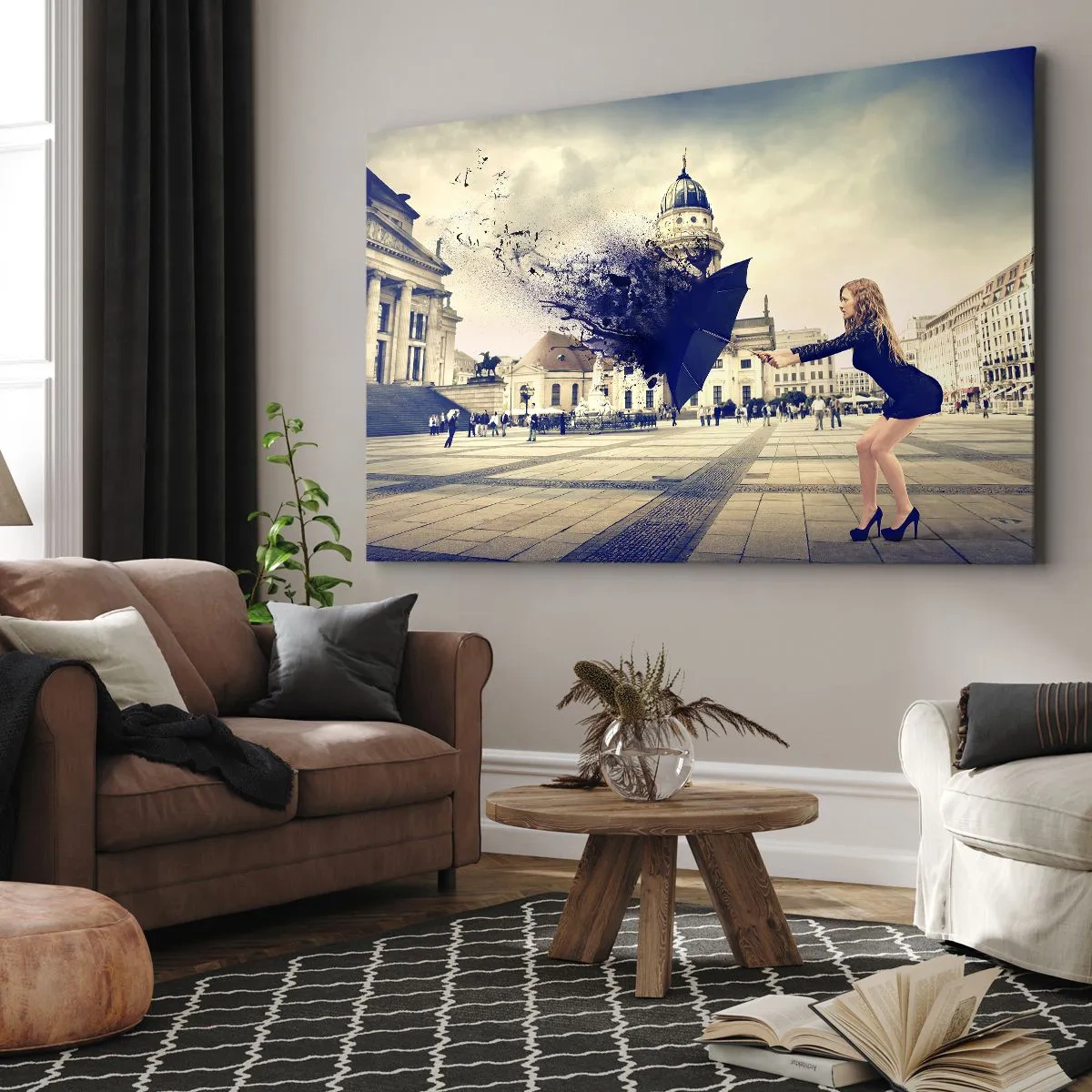 Obraz na plátne - Žena s dáždnikom v umeleckej kompozícii na mestskom pozadí - 70x50cm - Je taký vietor… - Moderná nástenná dekorácia do obývacej izby a spálne ARTTOR