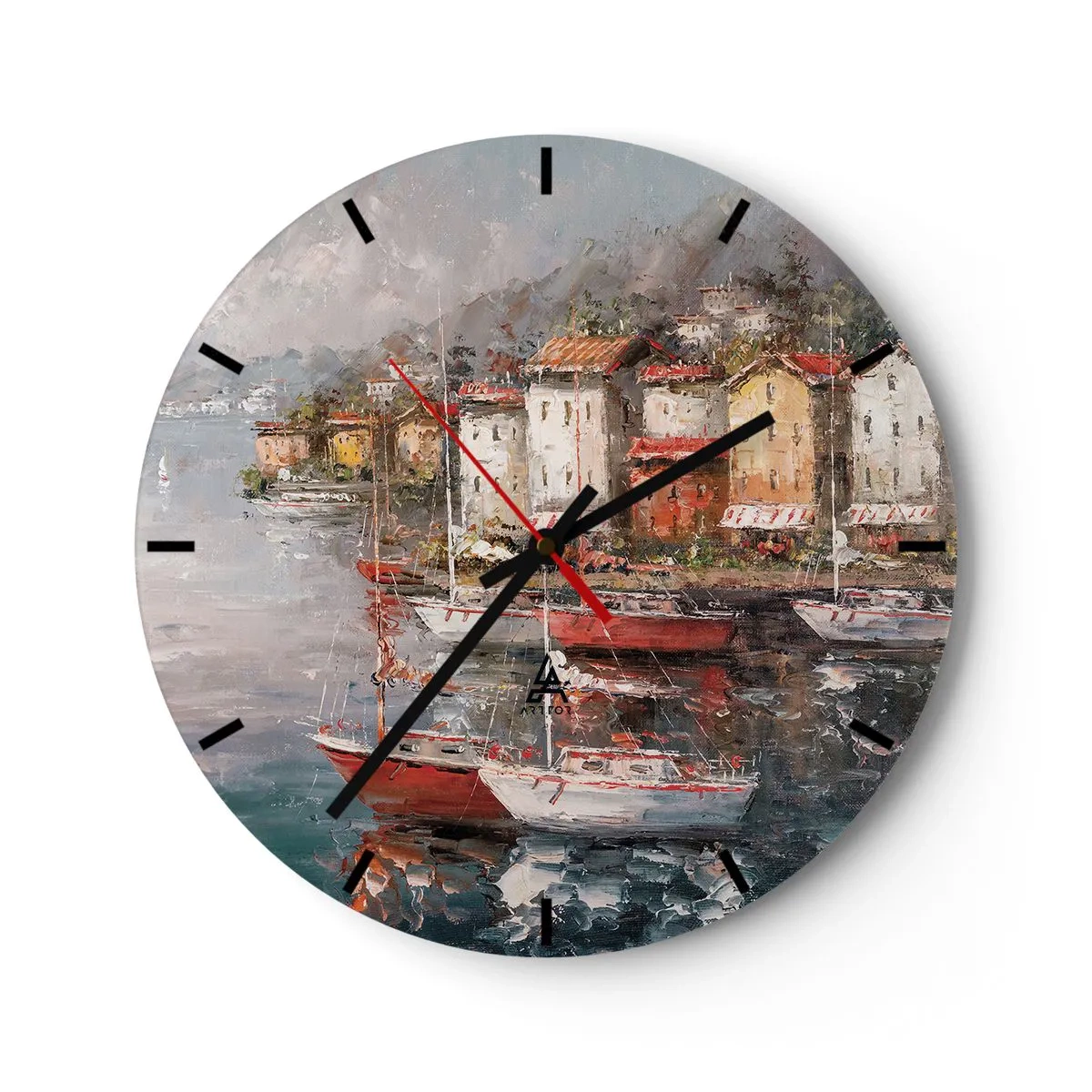 Nástenné hodiny - Malebný prístav s plachetnicami a pobrežnými budovami - 30x30cm - Romantický prístav - Moderná nástenná dekorácia do obývacej izby, kuchyne a spálne ARTTOR