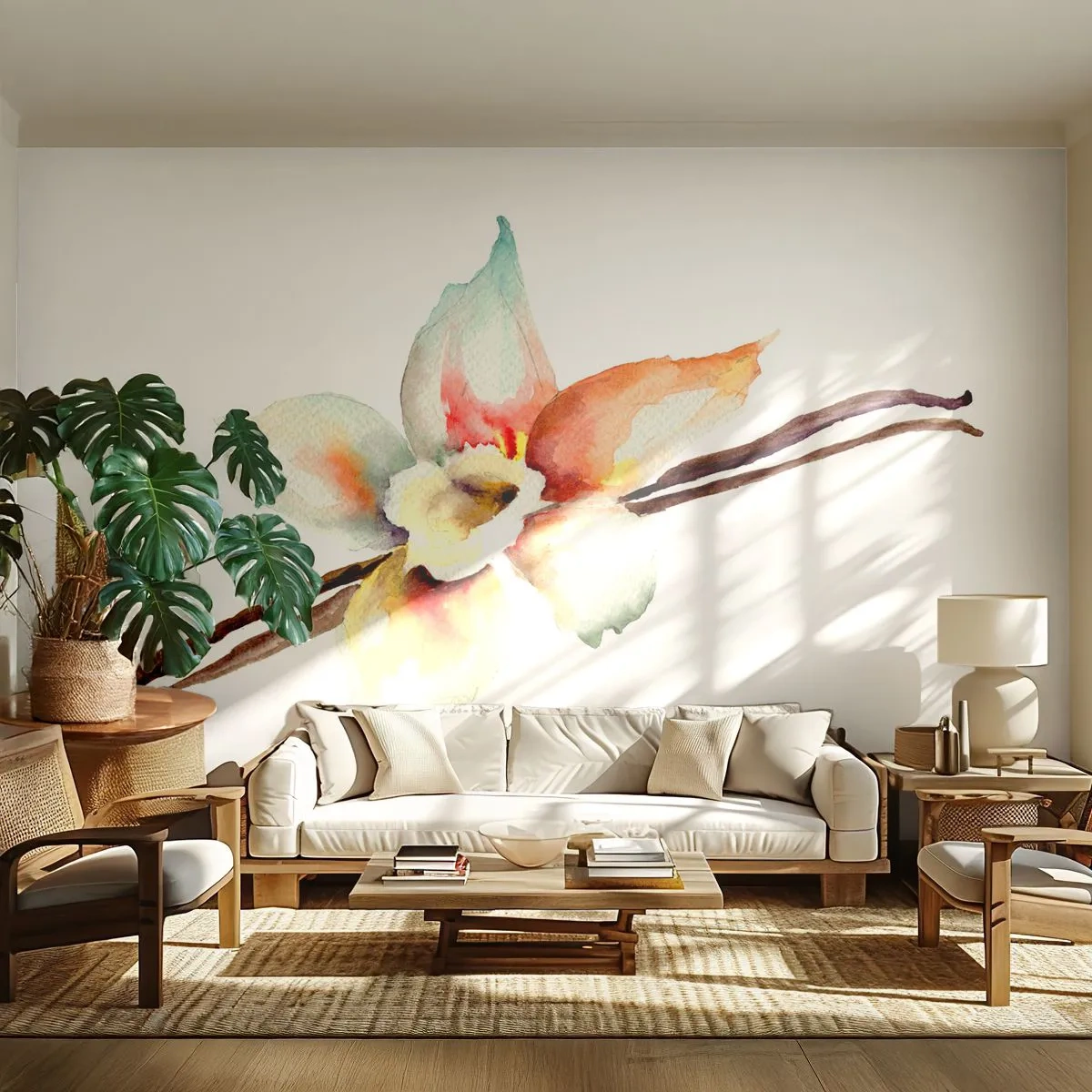 Fototapeta Standard Eco - Akvarelová ilustrácia vanilkového kvetu na bielom pozadí - 100x70cm - Farbičkou rozliata sladkosť - Moderná nástenná dekorácia do obývacej izby a spálne ARTTOR