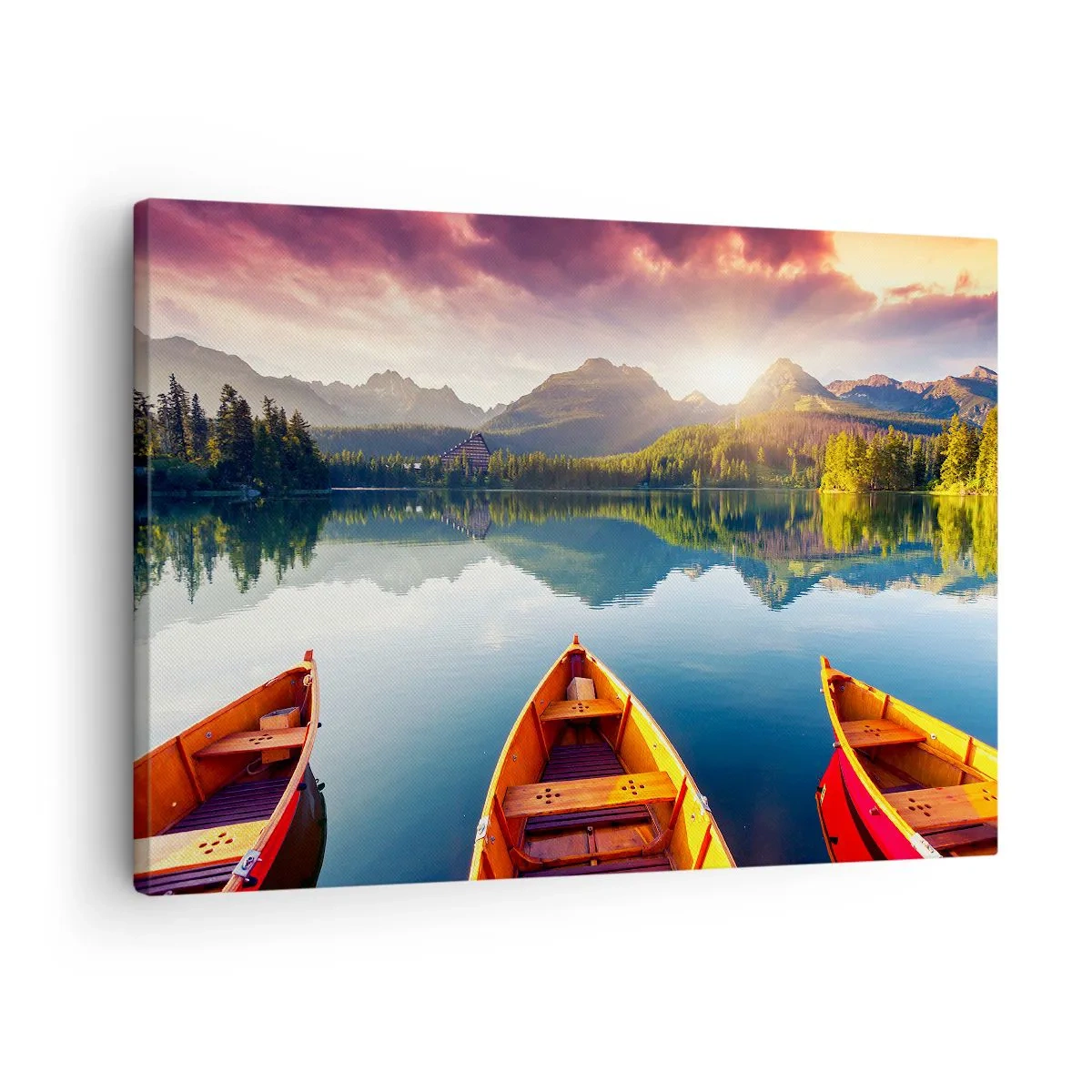 Obraz na plátne - Tri drevené lode na pozadí horského jazera pri západe slnka - 70x50cm - Nič proti prírode - Moderná nástenná dekorácia do obývacej izby a spálne ARTTOR