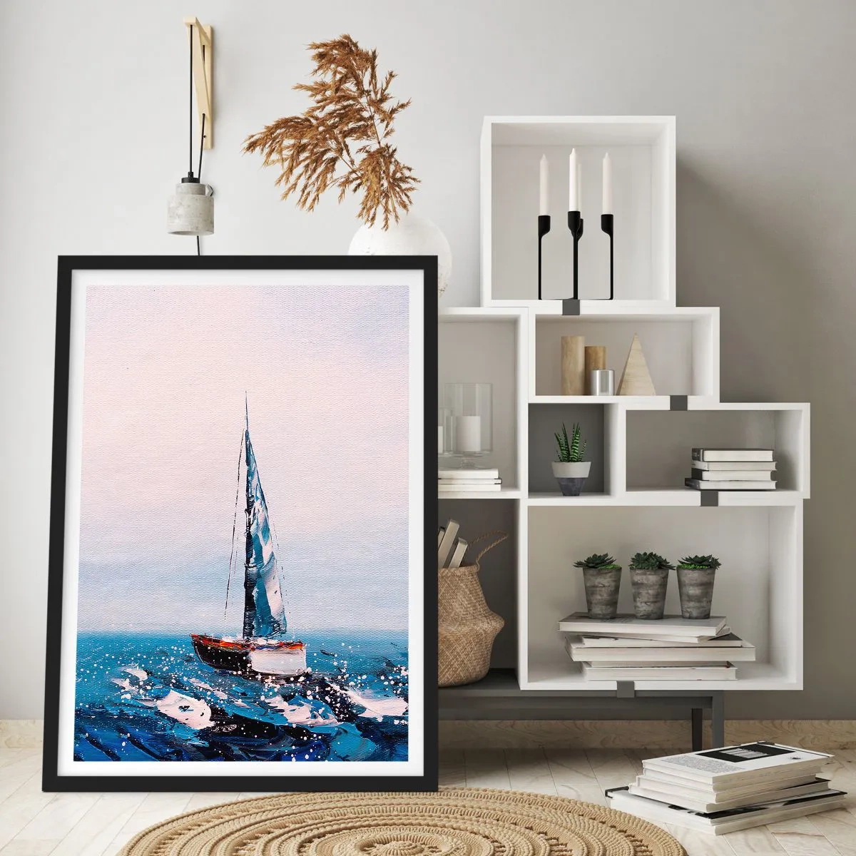 Plagát v čiernom ráme - Plachetnica na rozbúrenom oceáne v maliarskom štýle - 50x70cm - Bratstvo vetra - Moderná nástenná dekorácia do obývacej izby a spálne ARTTOR