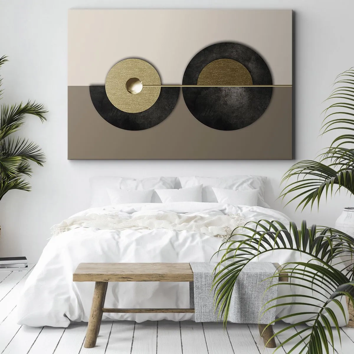 Obraz na plátne - Abstraktné kruhy v odtieňoch zlatej a hnedej - 70x50cm - Variácie okolo kruhu - Moderná nástenná dekorácia do obývacej izby a spálne ARTTOR
