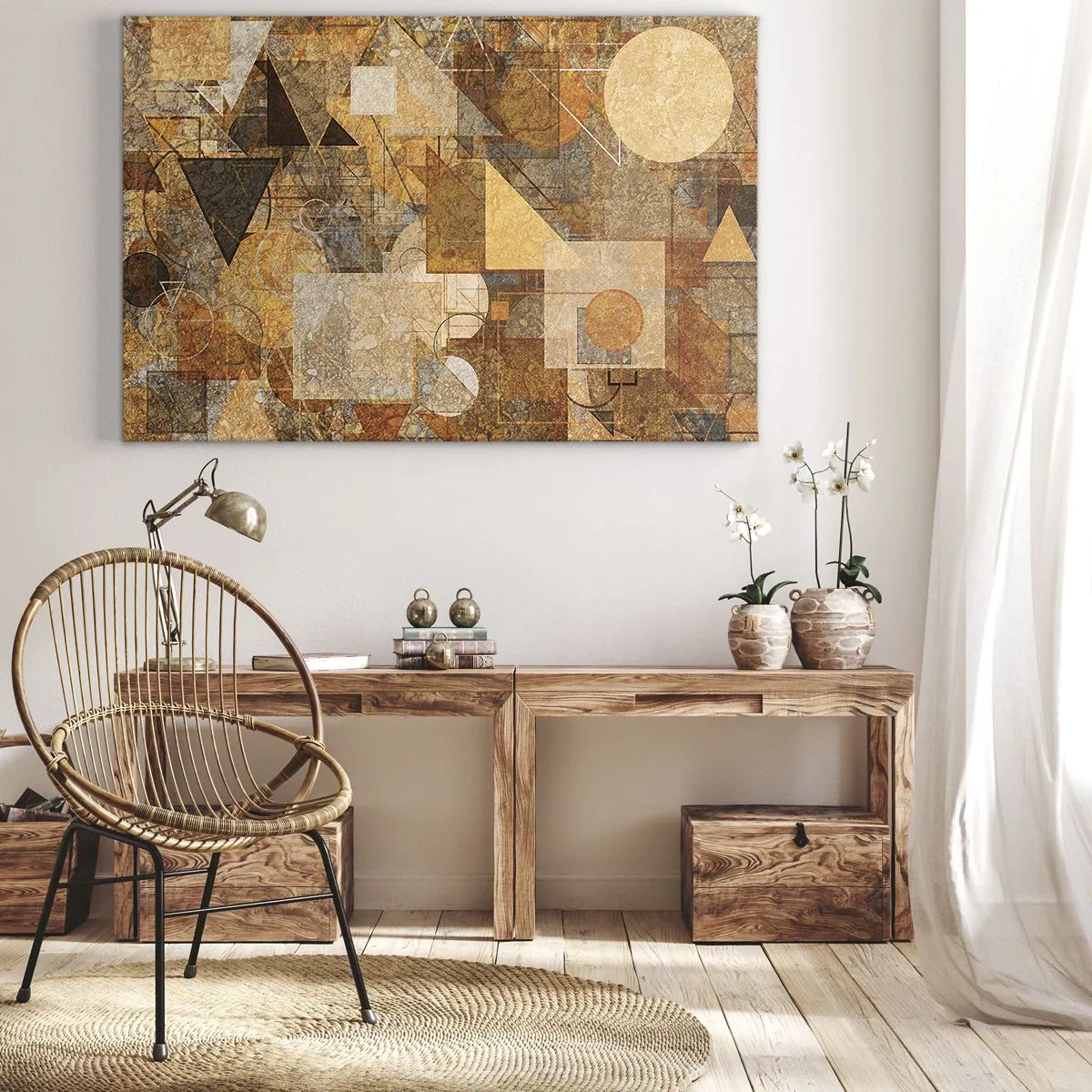 Obraz na plátne - Abstraktné geometrické útvary v teplých odtieňoch - 70x50cm - Kubistické bronzové štúdium - Moderná nástenná dekorácia do obývacej izby a spálne ARTTOR