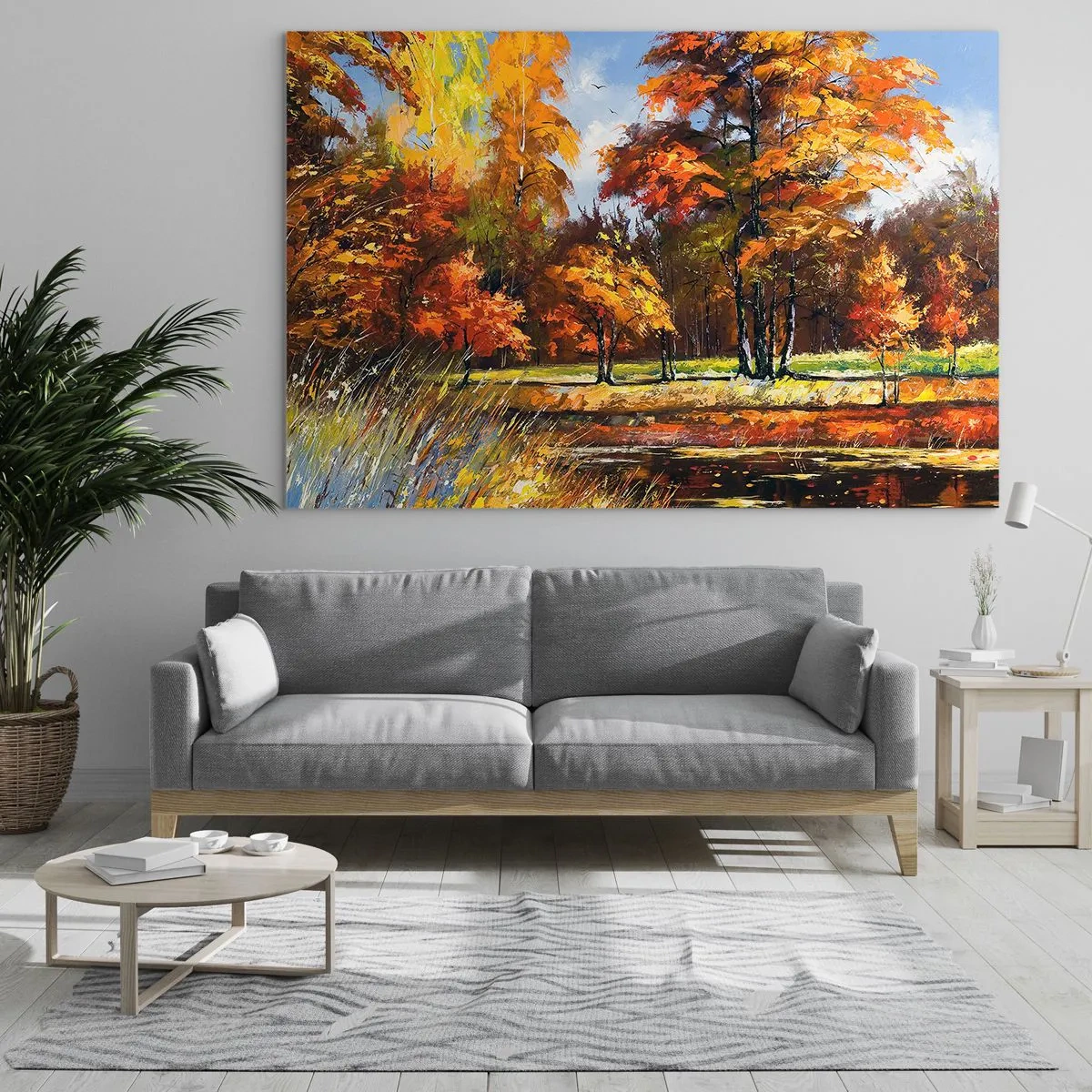 Obraz na skle - Jesenná krajina so stromami a odrazom vo vode - 70x50cm - Krajinka v zlatej a hnedej - Moderná nástenná dekorácia do obývacej izby a spálne ARTTOR