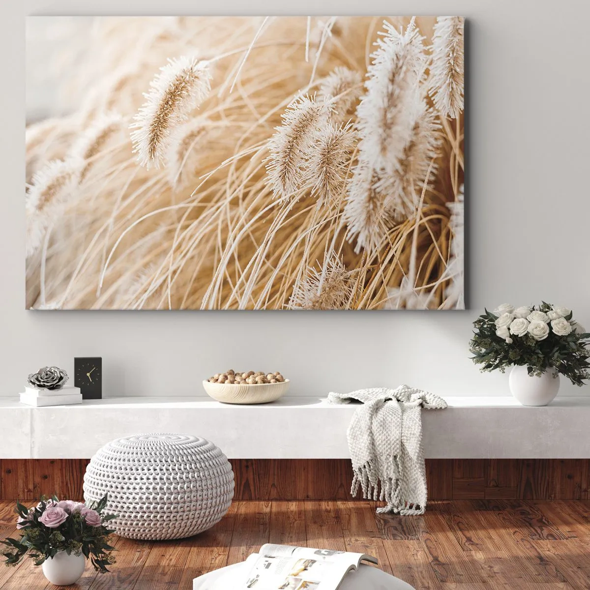 Obraz na plátne - Detailný záber na zlaté, jemné trávy na slnečnom svetle - 70x50cm - Zlaté šušťanie tráv - Moderná nástenná dekorácia do obývacej izby a spálne ARTTOR