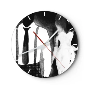 Nástenné hodiny - Siluety ženy a muža v čiernobielej noir atmosfére - 30x30cm - V štýle noir - Moderná nástenná dekorácia do obývacej izby, kuchyne a spálne ARTTOR