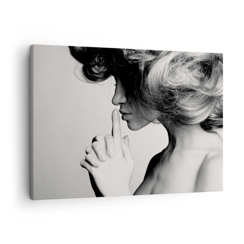 Obraz na plátne - Čiernobiely profil ženy gestikulujúcej ticho - 70x50cm - Zahľadená do seba - Moderná nástenná dekorácia do obývacej izby a spálne ARTTOR
