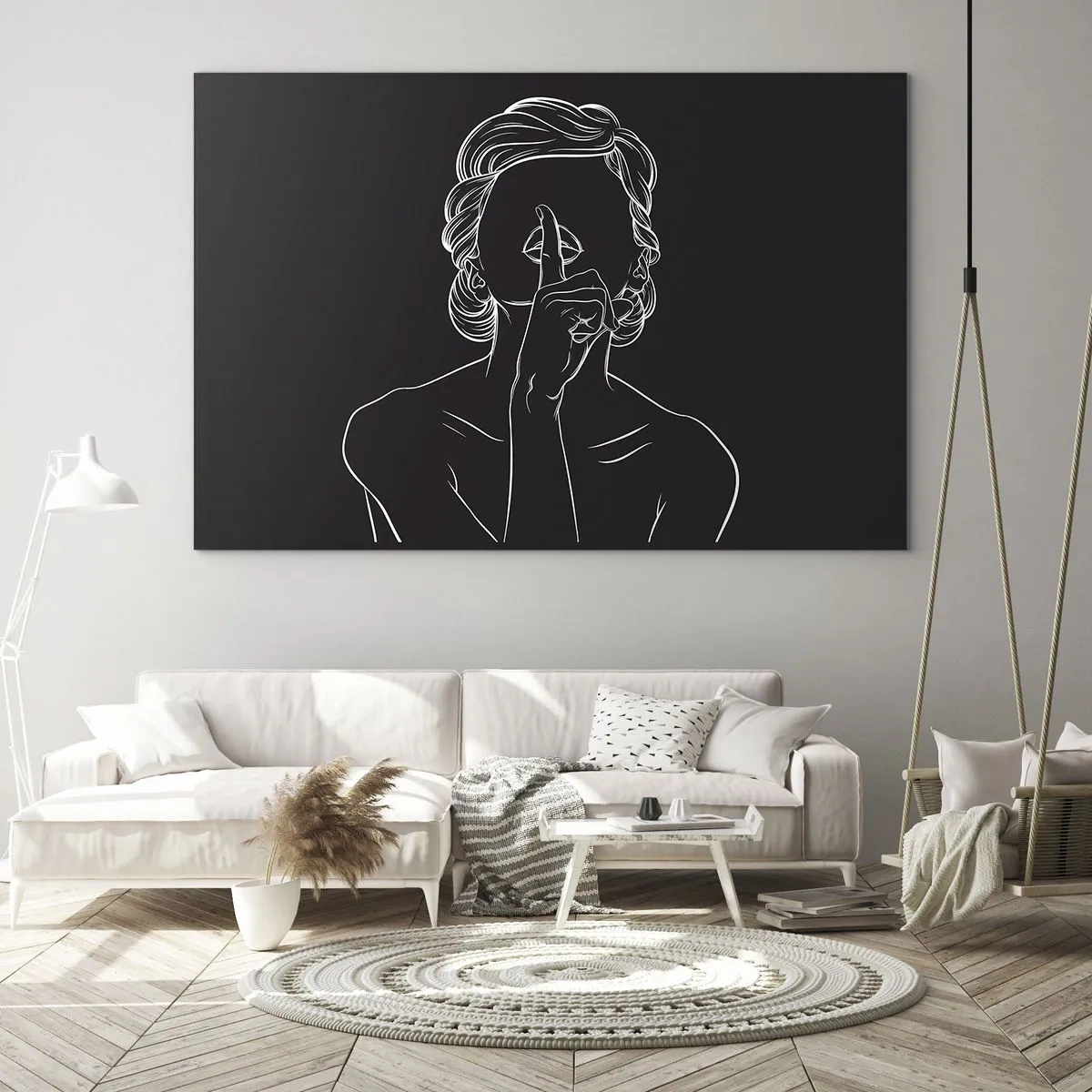 Obraz na skle - Minimalistická silueta ženy, ktorá robí gesto ticha. - 70x50cm - Krása rozkvitá v tichu - Moderná nástenná dekorácia do obývacej izby a spálne ARTTOR