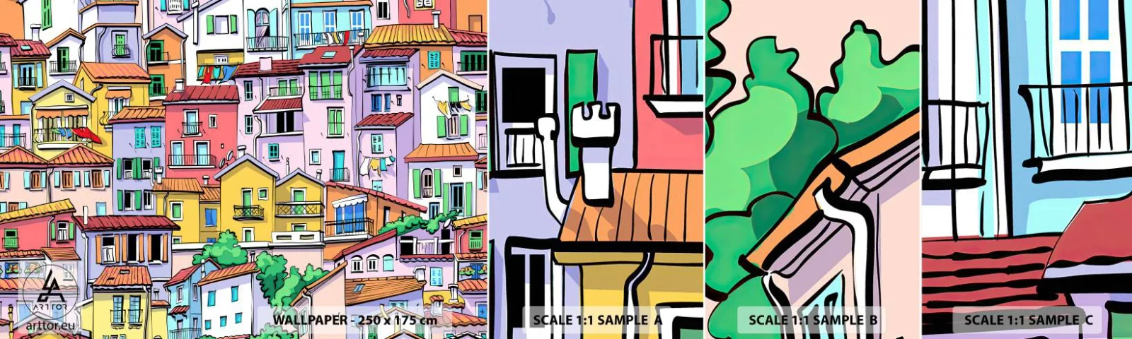 Vzorka samolepiacej fototapety Deluxe Sticker - Veselé mesto - Mesto, Nájomné domy, Domy - 100x30 cm