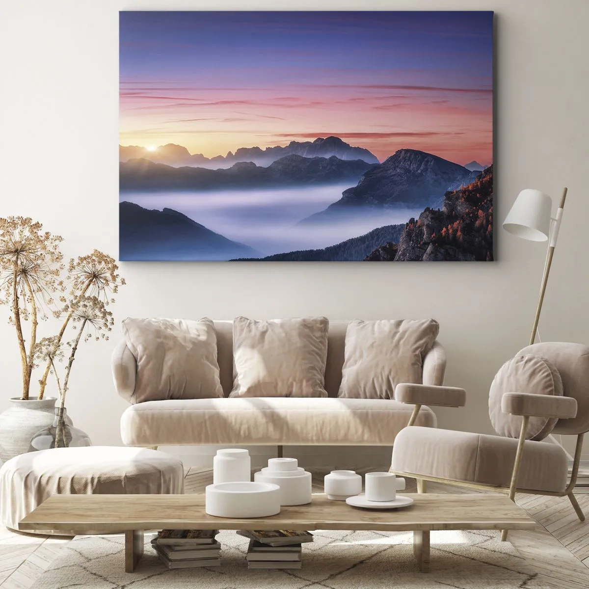 Obraz na plátne - Horská krajina pri východe slnka s hmlou v údoliach - 70x50cm - Nad údoliami - Moderná nástenná dekorácia do obývacej izby a spálne ARTTOR