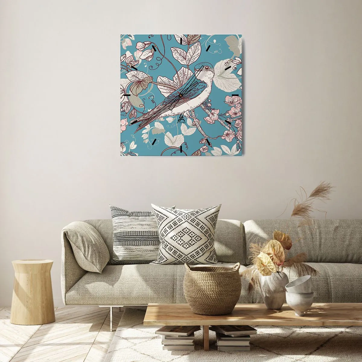 Nástenné hodiny - Na bielom strome vtáky a strieborné lístie - 40x40 cm