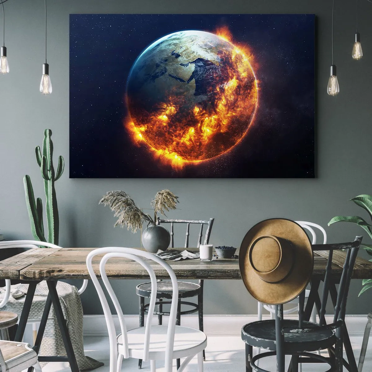 Obraz na plátne - Planéta Zem v plameňoch vo vesmíre - 70x50cm - Plameň apokalypsy - Moderná nástenná dekorácia do obývacej izby a spálne ARTTOR