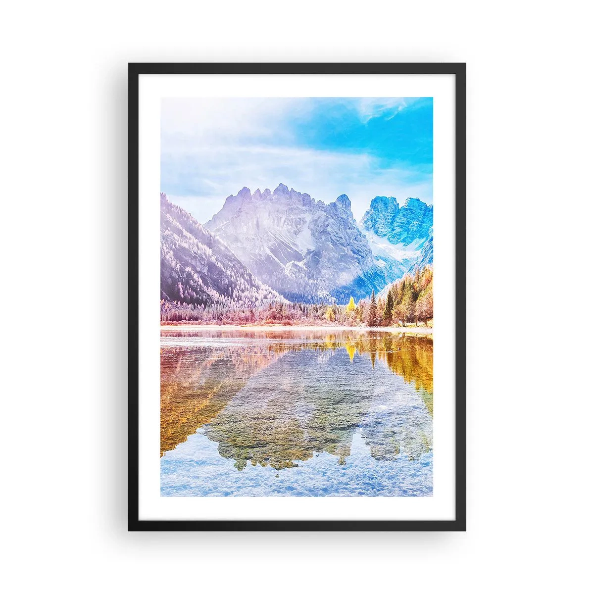 Plagát v čiernom ráme - Horská krajina s jazerom a jesennými farbami - 50x70cm - A v horách už je jeseň - Moderná nástenná dekorácia do obývacej izby a spálne ARTTOR