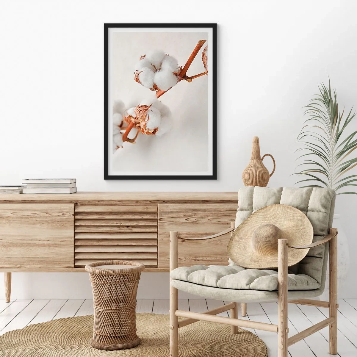 Plagát v čiernom ráme - Jemné bavlnené vetvičky na svetlom pozadí - 50x70cm - Len objímať - Moderná nástenná dekorácia do obývacej izby a spálne ARTTOR