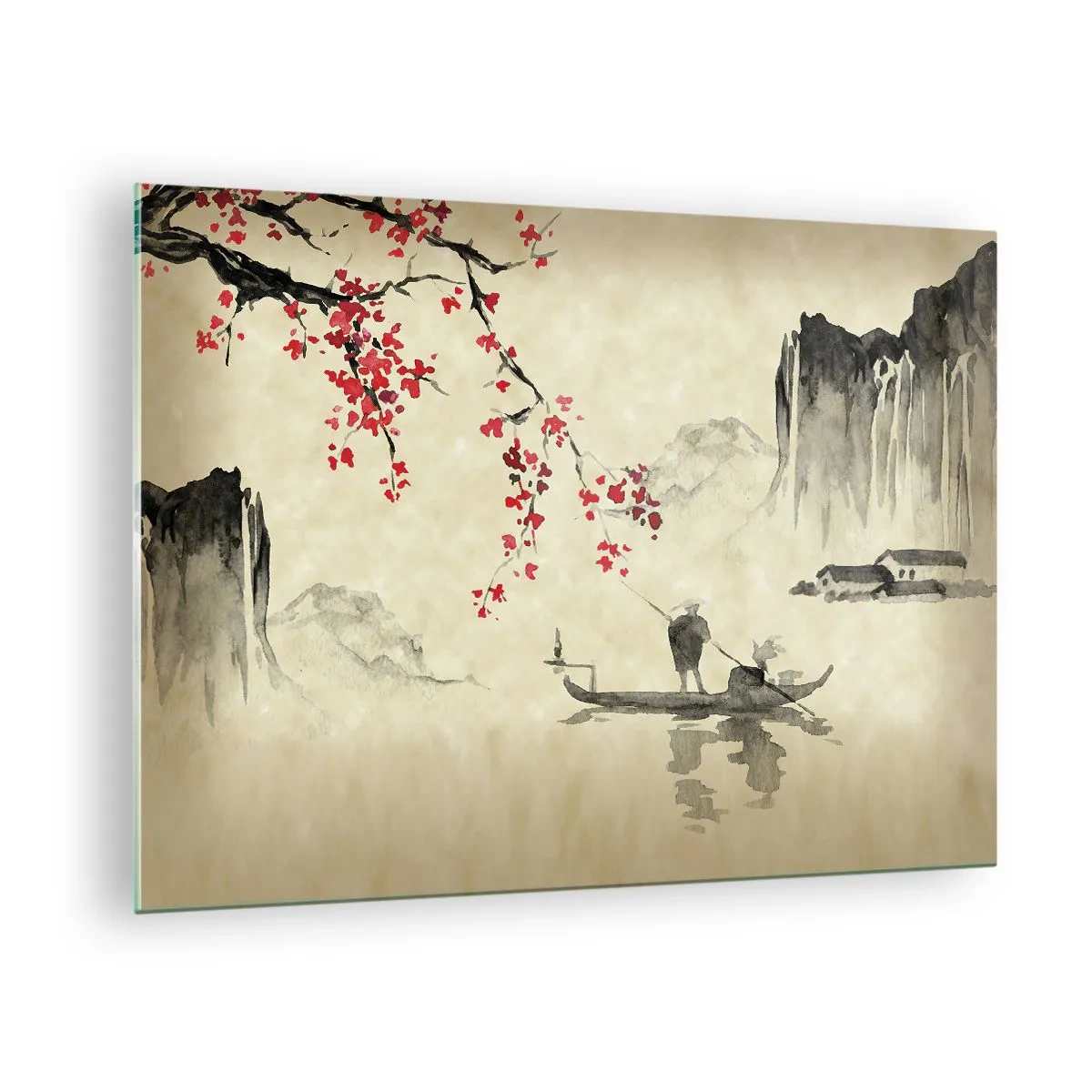 Obraz na skle - Orientálna rybárska scéna s vetvou čerešňového kvetu a horami - 70x50cm - V krajine kvitnúcich čerešní - Moderná nástenná dekorácia do obývacej izby a spálne ARTTOR