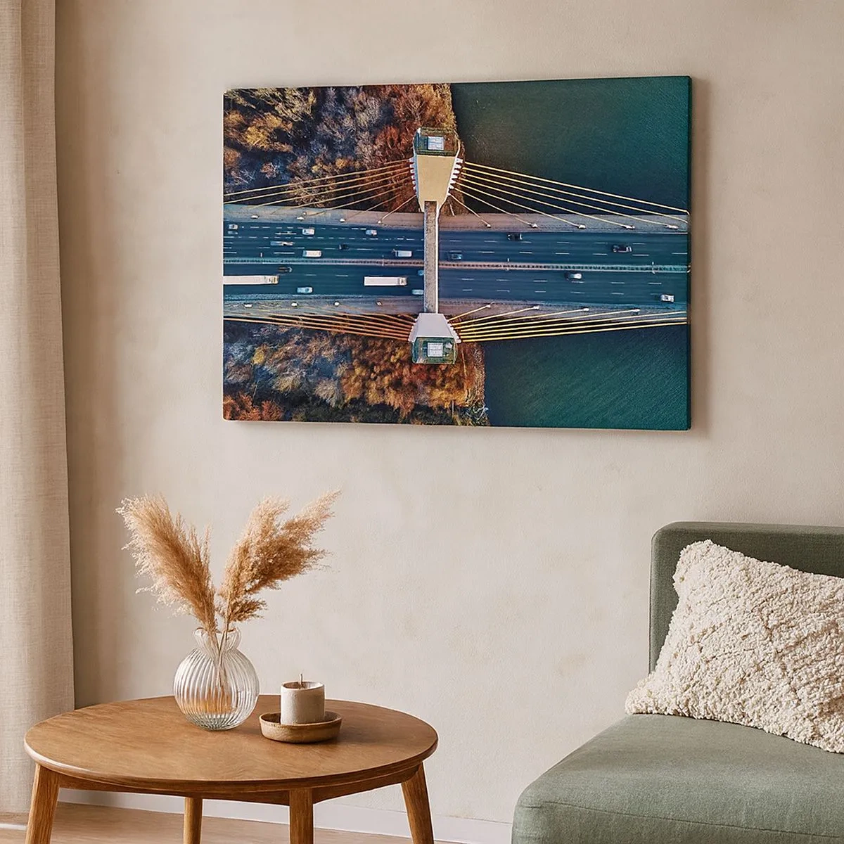 Obraz na plátne - Letecký pohľad na most cez rieku a jesennú krajinu - 70x50cm - Za vodami, za lesmi - Moderná nástenná dekorácia do obývacej izby a spálne ARTTOR