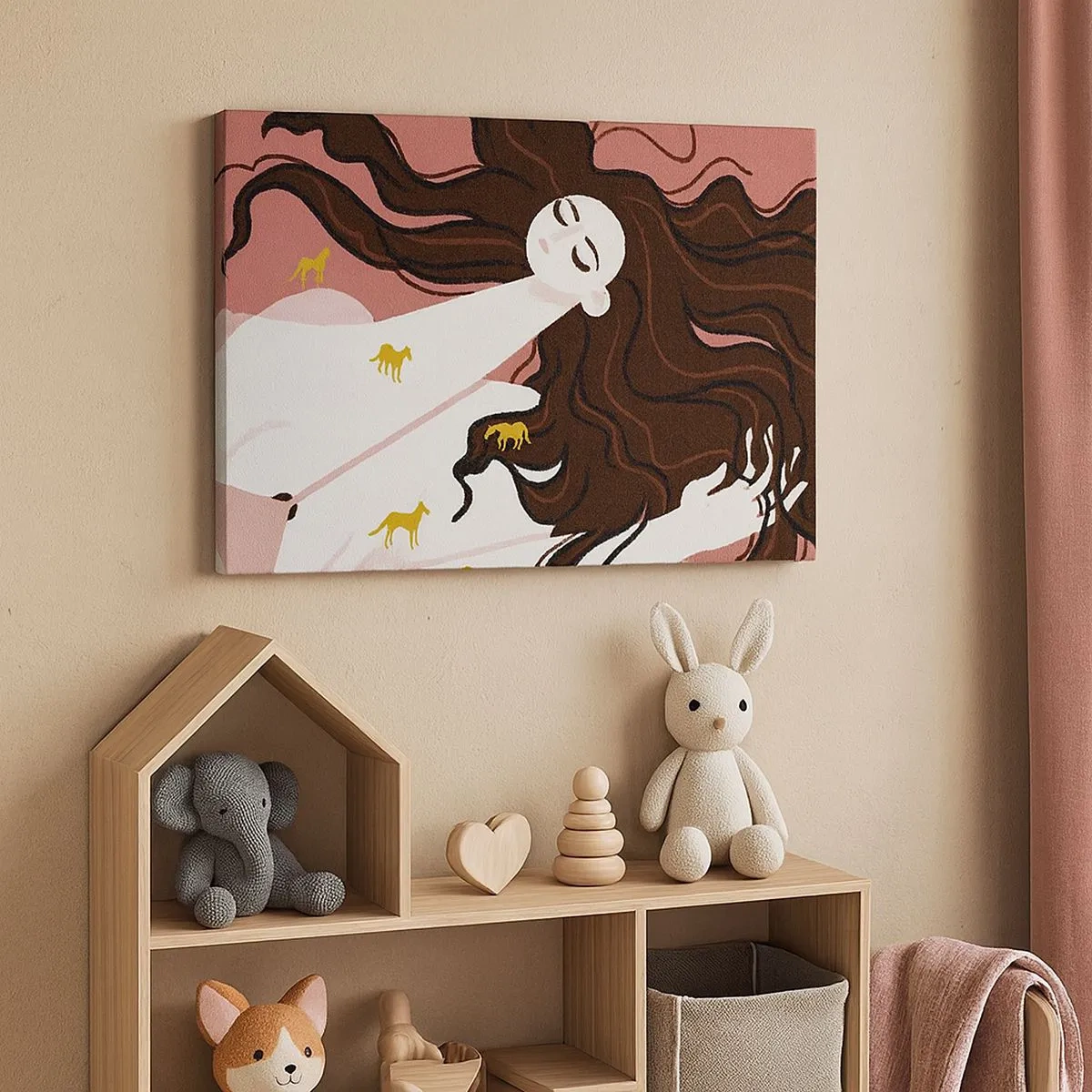 Obraz na plátne - Postava so zatvorenými očami obklopená zlatými koňmi - 70x50cm - Sen o zlatom koni - Moderná nástenná dekorácia do obývacej izby a spálne ARTTOR