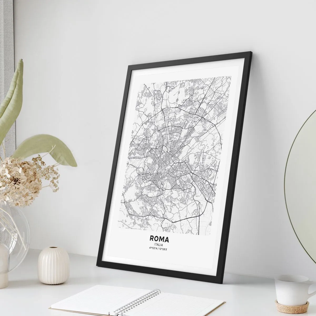 Plagát v čiernom ráme - Čiernobiela mapa Ríma s podrobnými ulicami a pamiatkami - 50x70cm - Rímsky kruh - Moderná nástenná dekorácia do obývacej izby a spálne ARTTOR