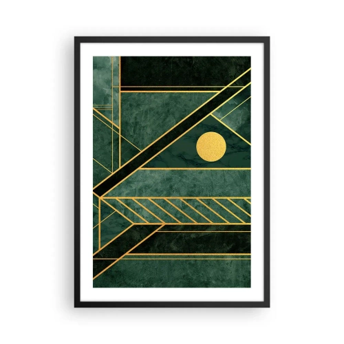 Plagát v čiernom ráme - Geometrická abstrakcia v zelenej farbe so zlatými akcentmi - 50x70cm - Dynamika zlata a lazuritu - Moderná nástenná dekorácia do obývacej izby a spálne ARTTOR