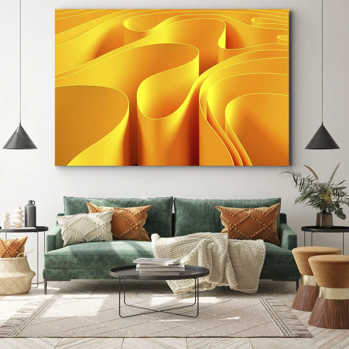 Obraz na plátne - Žlté abstraktné vlny pripomínajúce slnečné lúče - 70x50cm - Ako slnečné vlny - Moderná nástenná dekorácia do obývacej izby a spálne ARTTOR