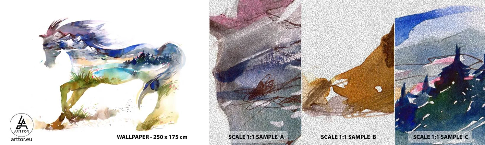 Vzorka fototapety Premium Sand - Z lúky priamo do neba - Kôň, Abstrakcia, Krajina - 100x30 cm