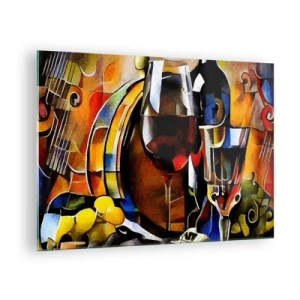 Obraz na skle - Abstraktná kompozícia s pohármi vína a hudobnými nástrojmi - 70x50cm - Aj svet dostáva farby - Moderná nástenná dekorácia do obývacej izby a spálne ARTTOR