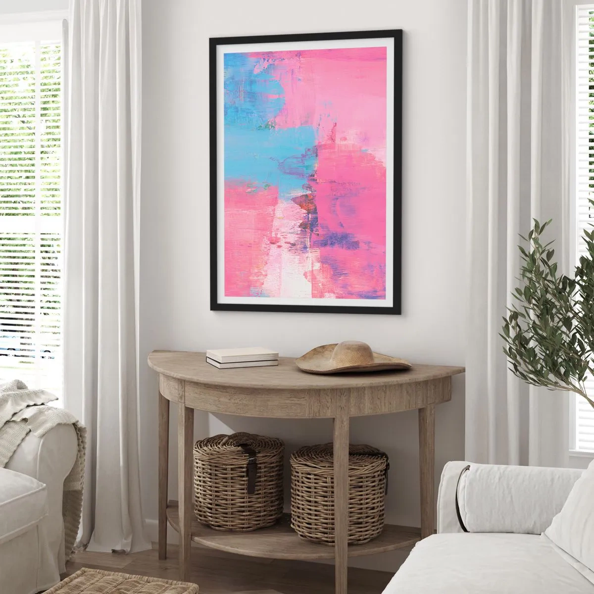 Plagát v čiernom ráme - Ružová, modrá a štipka svetla - 70x100 cm