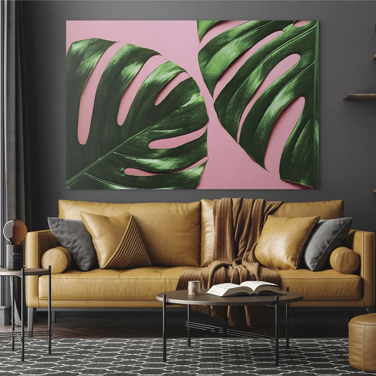 Obraz na skle - Zelené listy monstery na ružovom pozadí - 70x50cm - Zelené rendez-vous - Moderná nástenná dekorácia do obývacej izby a spálne ARTTOR