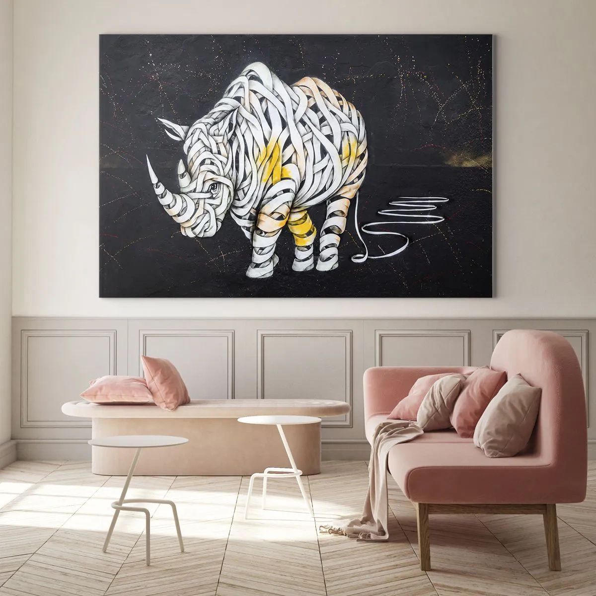 Obraz na skle - Abstraktná kresba nosorožca v tvare pruhov - 70x50cm - Neciteľnosť je mýtus - Moderná nástenná dekorácia do obývacej izby a spálne ARTTOR