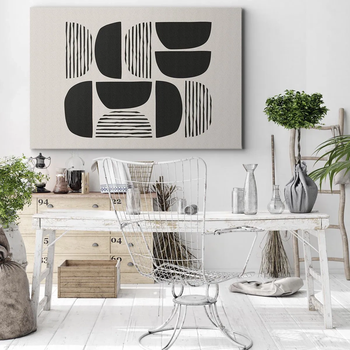 Obraz na plátne - Geometria s polkruhmi a čiarami v čiernej farbe na svetlom pozadí - 70x50cm - Polovičaté sústavy - Moderná nástenná dekorácia do obývacej izby a spálne ARTTOR
