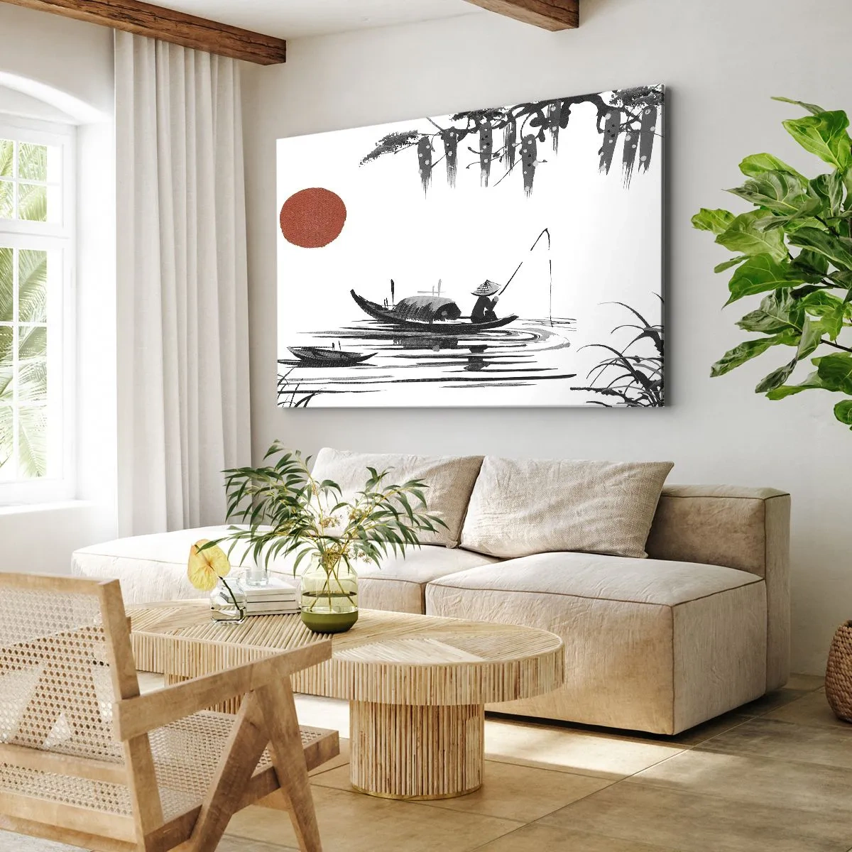 Obraz na plátne - Orientálna krajina s rybárom na člne a červeným slnkom - 70x50cm - Ázijské popoludnie - Moderná nástenná dekorácia do obývacej izby a spálne ARTTOR
