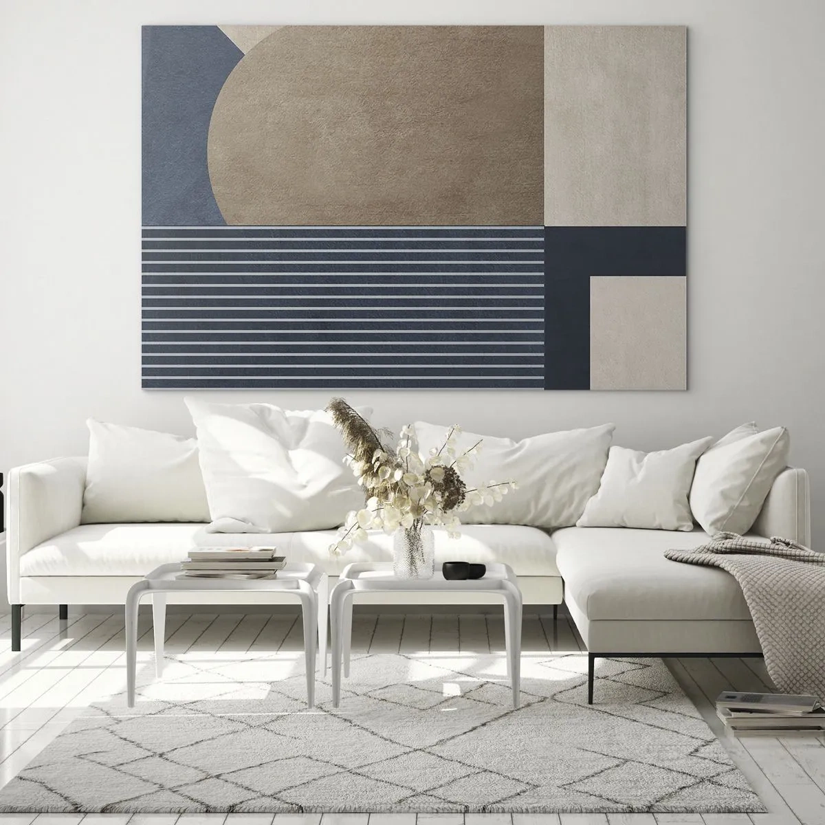 Obraz na skle - Minimalistický tvar s kruhom a čiarami v béžovej farbe - 70x50cm - Kompozícia jednoduchosti a guľatosti - Moderná nástenná dekorácia do obývacej izby a spálne ARTTOR
