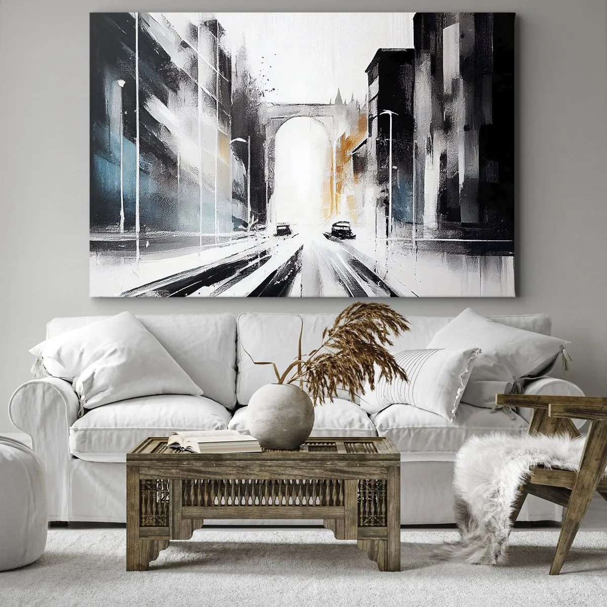 Obraz na plátne - Abstraktná panoráma mesta s klenutým mostom - 70x50cm - Štúdia mesta: architektúra a pohyb - Moderná nástenná dekorácia do obývacej izby a spálne ARTTOR