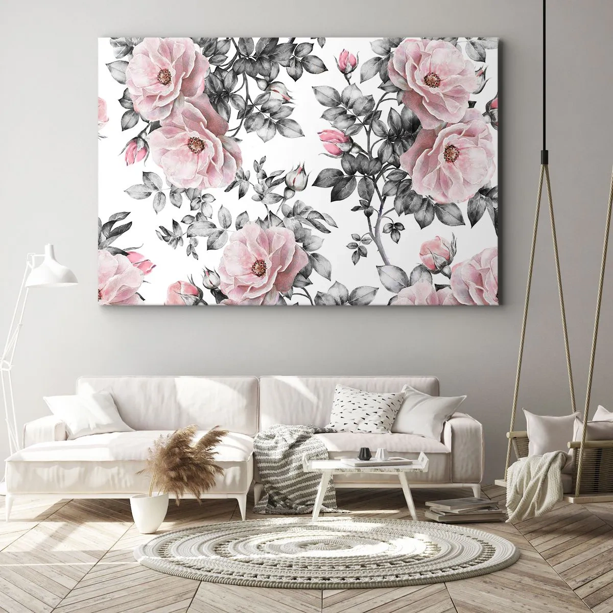Obraz na plátne - Ružové ruže a listy na jemnom čiernobielom pozadí - 70x50cm - Stratiť sa v kvetoch ruží - Moderná nástenná dekorácia do obývacej izby a spálne ARTTOR