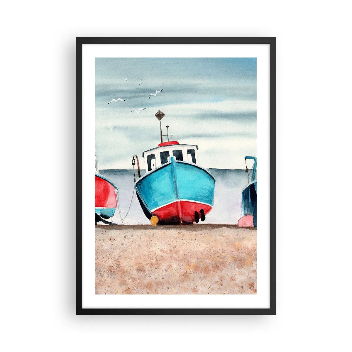 Plagát v čiernom ráme - Maľované modré rybárske lode na brehu - 50x70cm - Pripravené na úlovok - Moderná nástenná dekorácia do obývacej izby a spálne ARTTOR